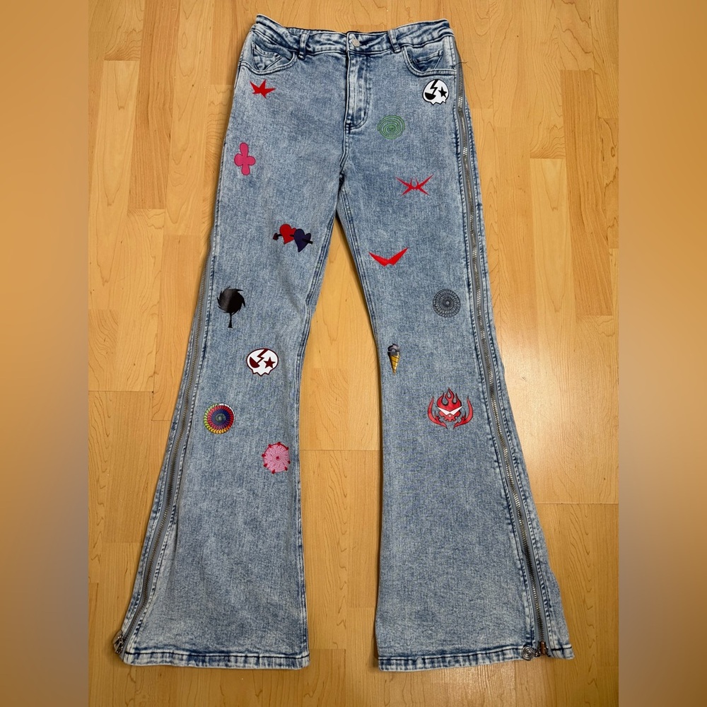 VEES Y2K Patchwork Flare Jeans Side Zipper Bell Bottom High Rise Festival - Picture 2 of 12